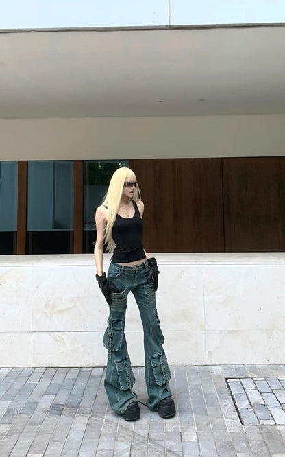 Multi-Pocket Distressed Flared Jeans