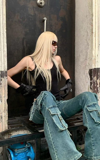 Multi-Pocket Distressed Flared Jeans