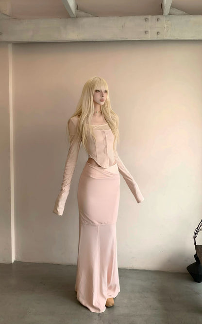 Pink Long-Sleeve Top & Mermaid Skirt Set