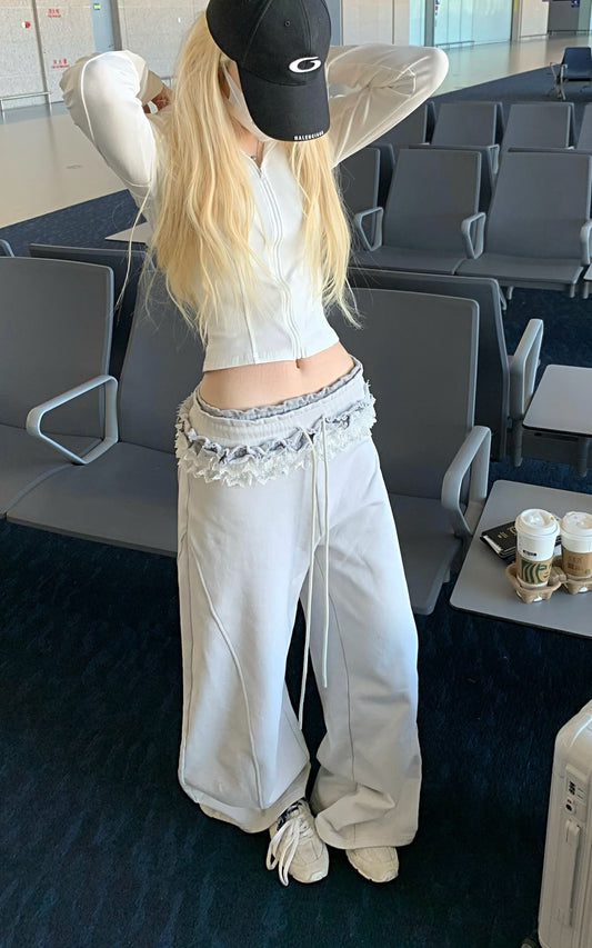 Double Waistband Lace-Trimmed Wide-Leg Pants