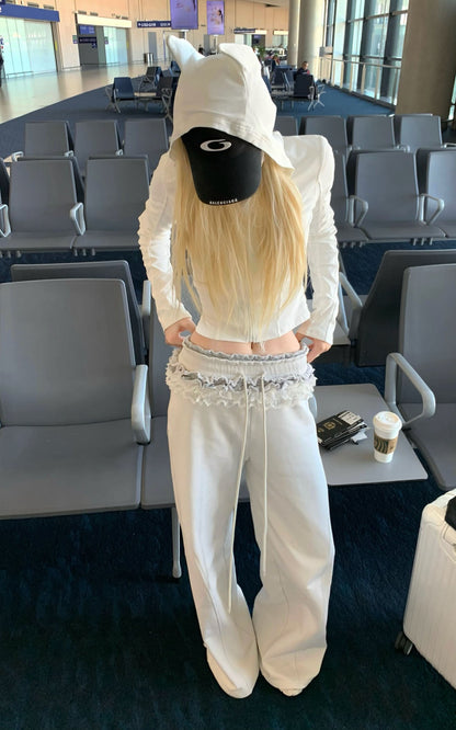 Double Waistband Lace-Trimmed Wide-Leg Pants