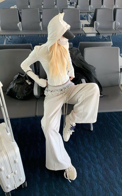 Double Waistband Lace-Trimmed Wide-Leg Pants