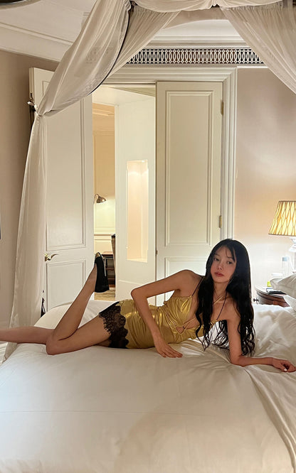Golden Lace-Trim Mini Slip Dress