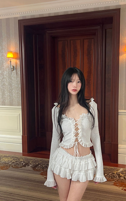 Rosette Lace-Up Cardigan & Ruffle Mini Skirt Set