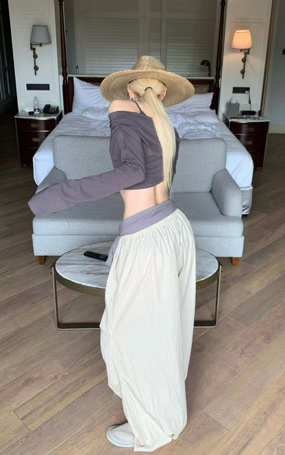 Off-Shoulder Paneled Long Sleeve Top