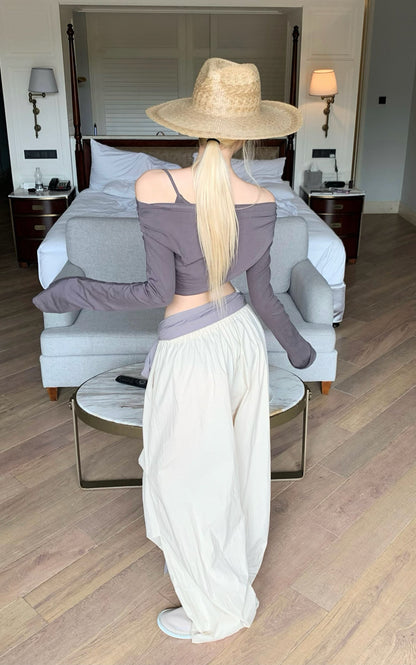 Off-Shoulder Paneled Long Sleeve Top