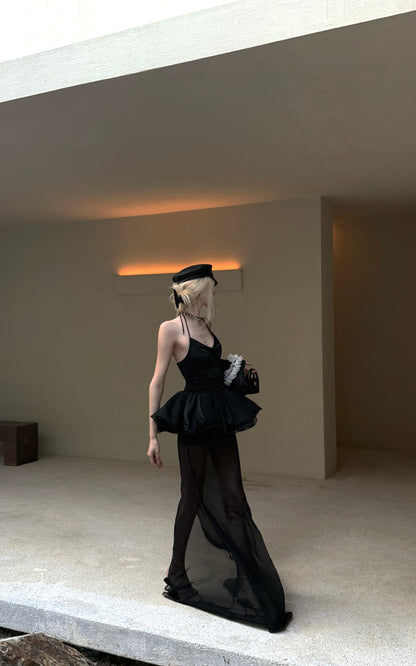 Sheer Layered Tulle Halter Dress