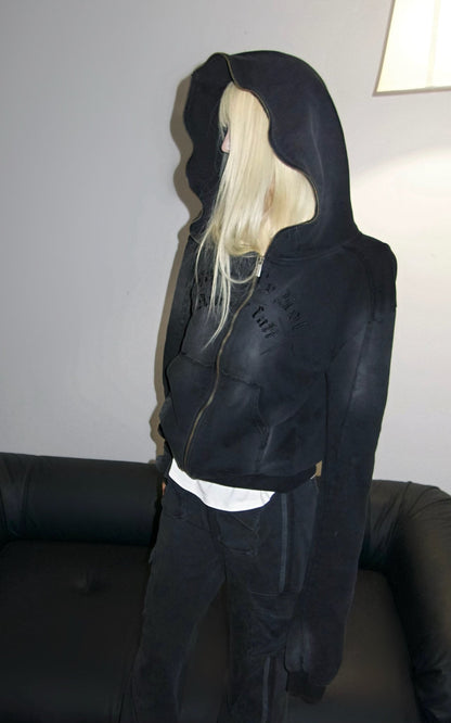 Graphic Distressed Zip Hoodie