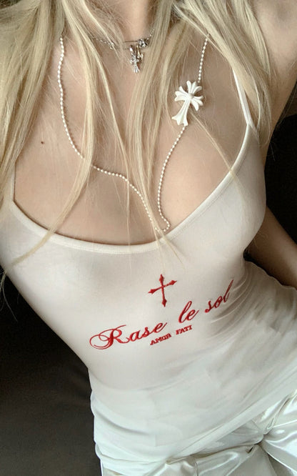 Embroidered Slogan Stretch Cami Top