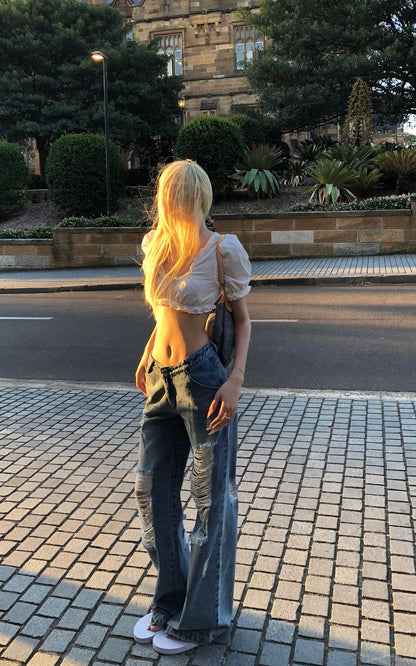 Distressed Wide-Leg Washed Denim Jeans