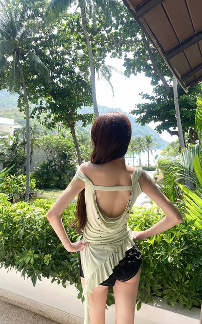 Asymmetric Off-Shoulder Top with Beaded Back Chain