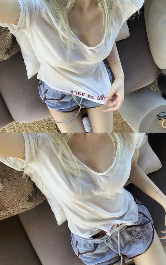 Deep V Cross-Stitch Gothic Letter Tee