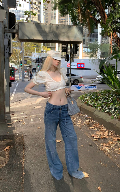 Lace-Trimmed Puff Sleeve Crop Top
