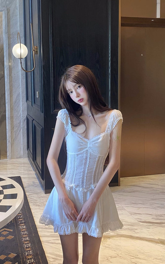 Ruffle-Edge Bow Lace Mini Dress