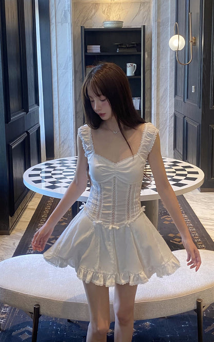 Ruffle-Edge Bow Lace Mini Dress