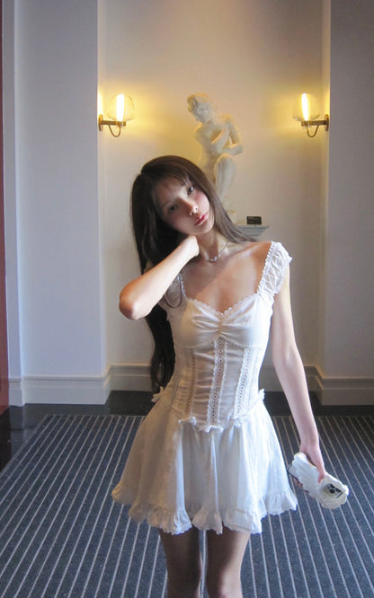 Ruffle-Edge Bow Lace Mini Dress