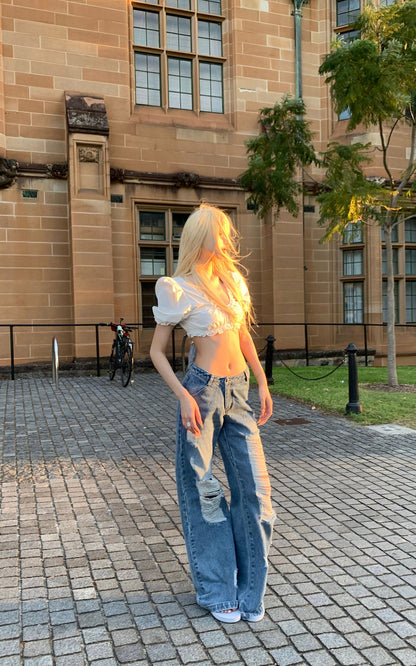 Distressed Wide-Leg Washed Denim Jeans