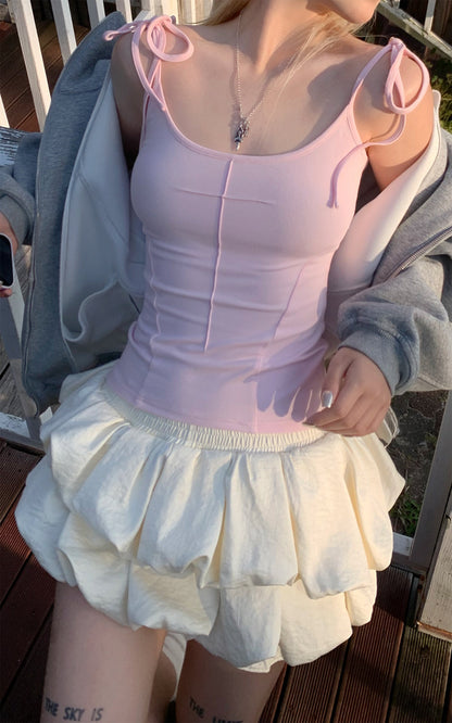 Cross-Stitched Winged Strap Bow Tank Top