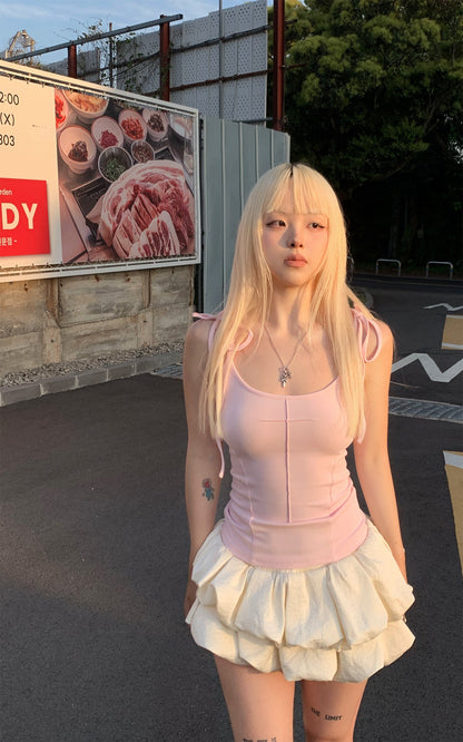 Cross-Stitched Winged Strap Bow Tank Top