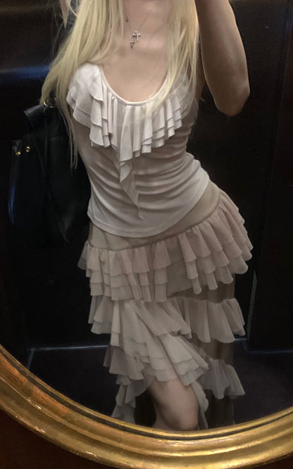 Layered Sheer Ruffle Panel Asymmetric Skirt