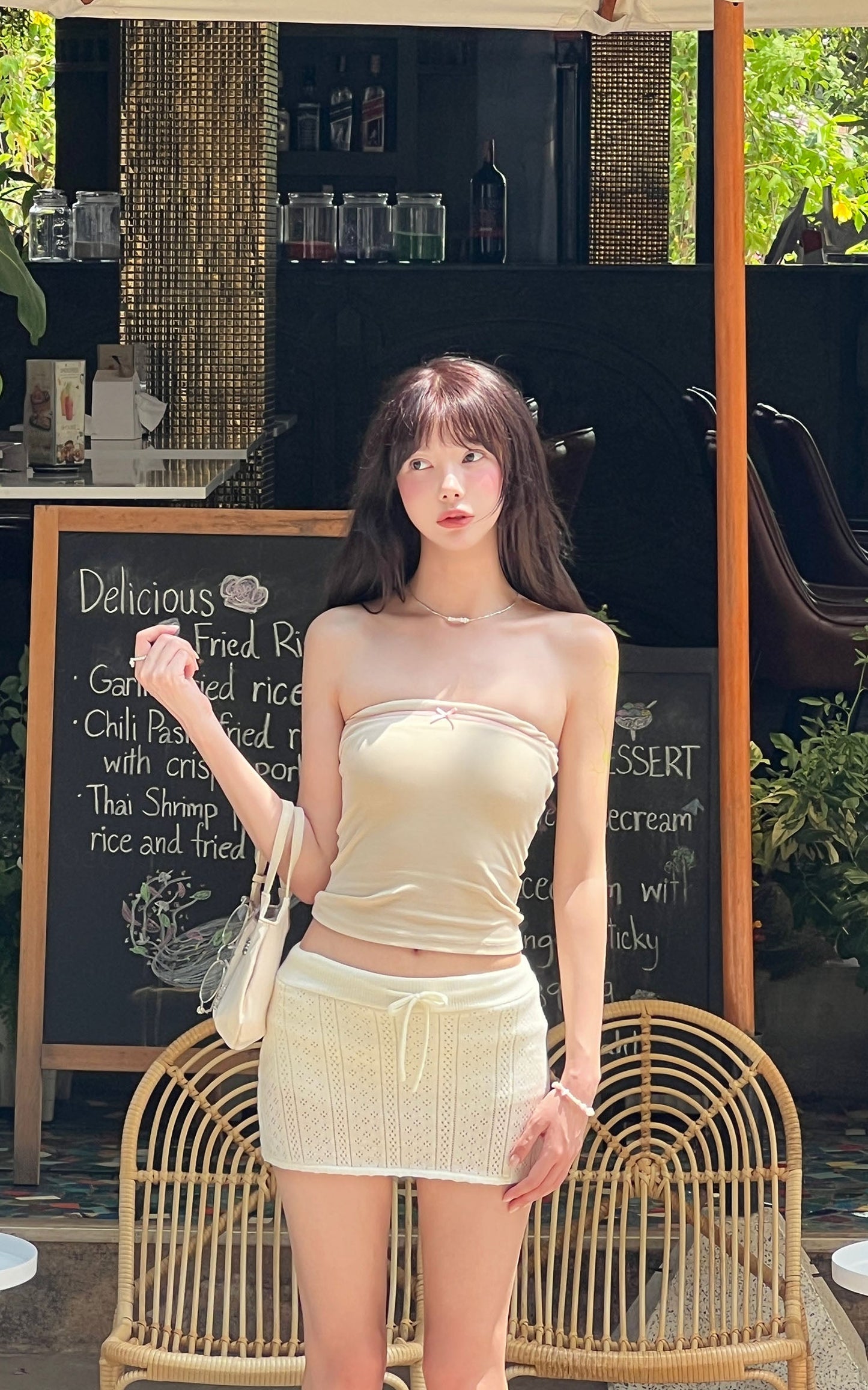 Knit Eyelet Mini Skirt with Drawstring Waist
