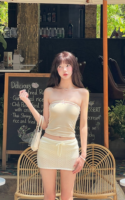 Knit Eyelet Mini Skirt with Drawstring Waist