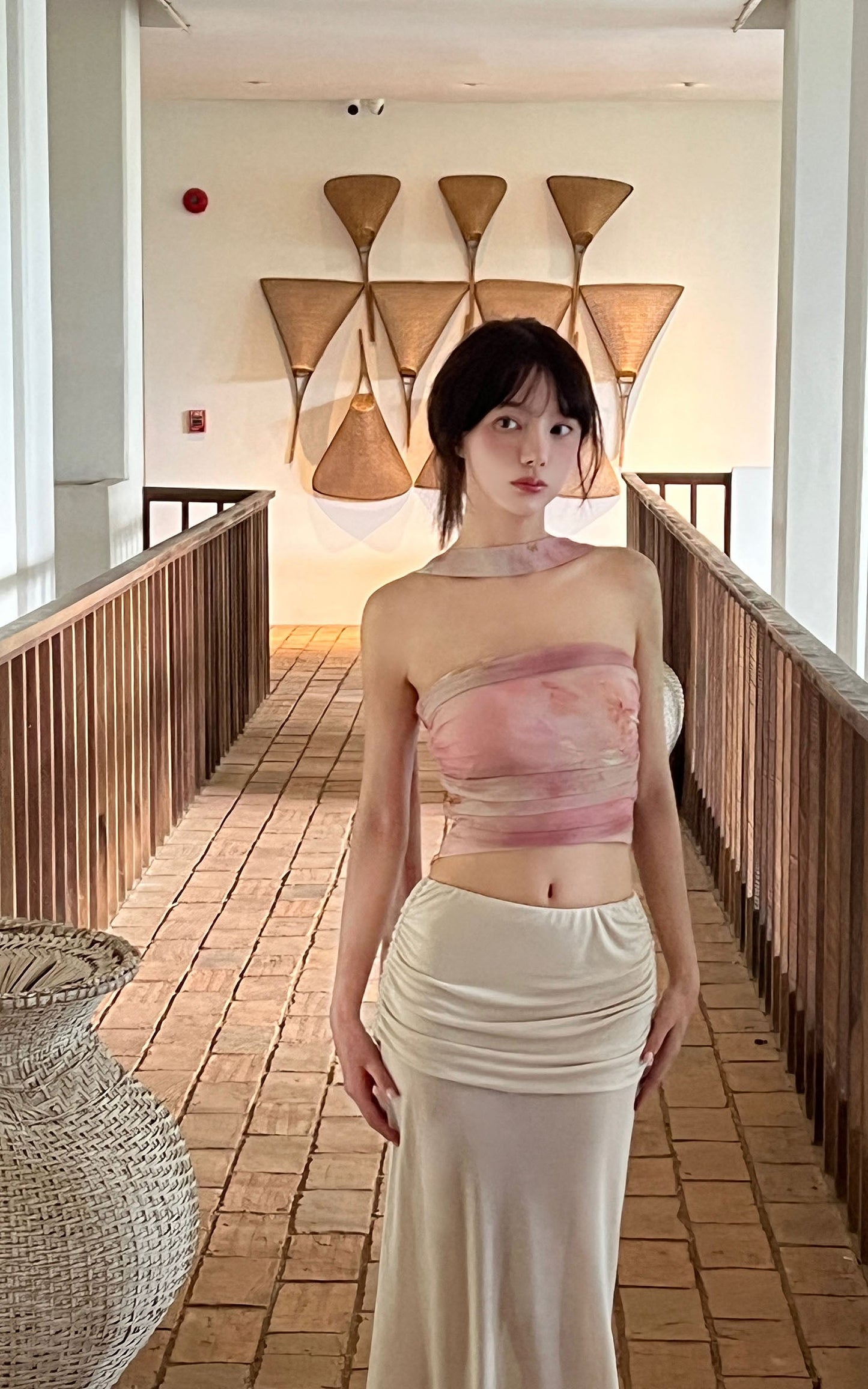 Watercolor Mesh Bandeau Top with Wrap Scarf