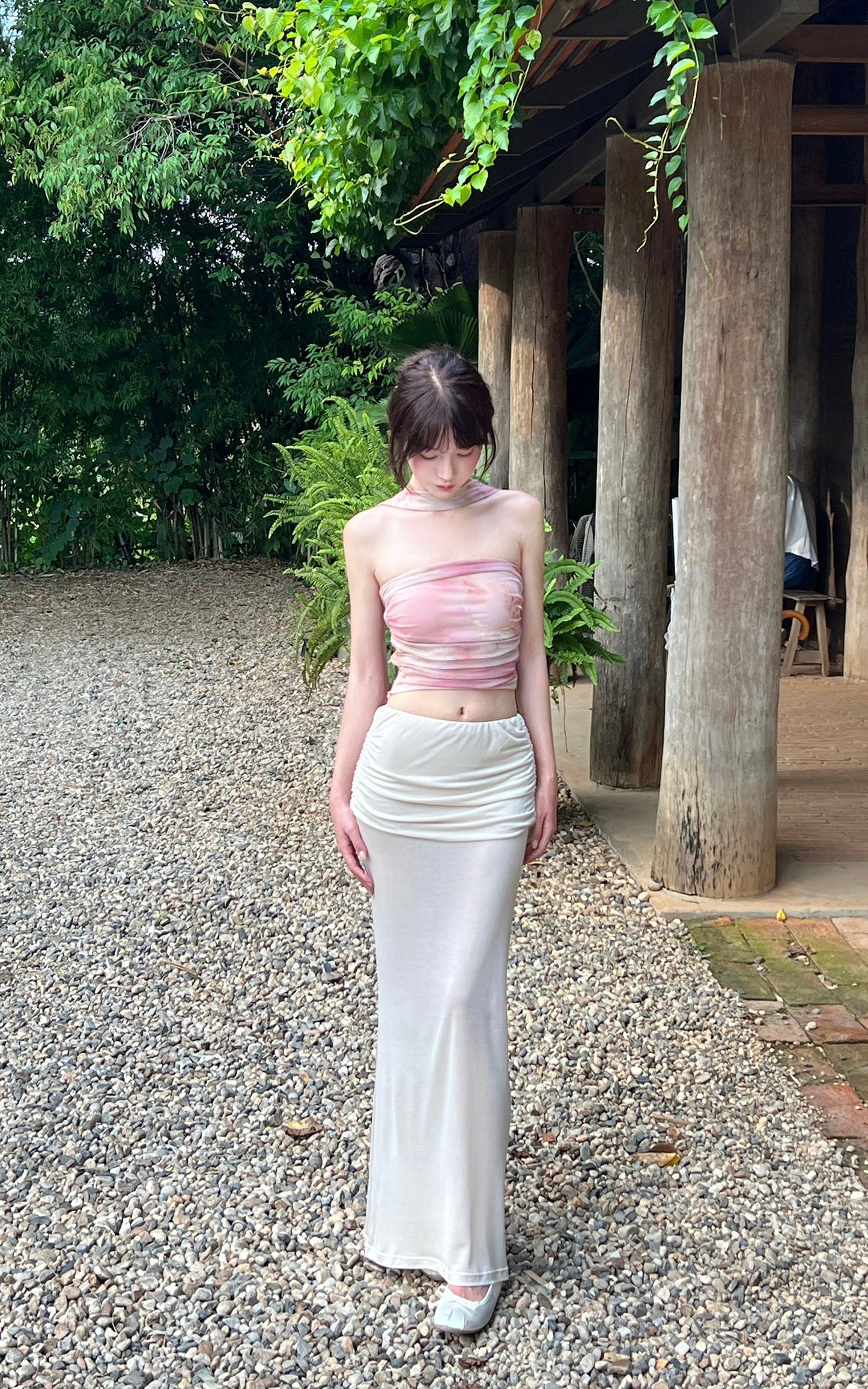 Watercolor Mesh Bandeau Top with Wrap Scarf