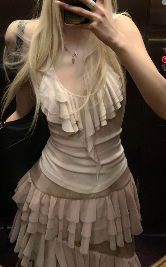 Ruffled Halter Sleeveless Knit Top in Soft Cream