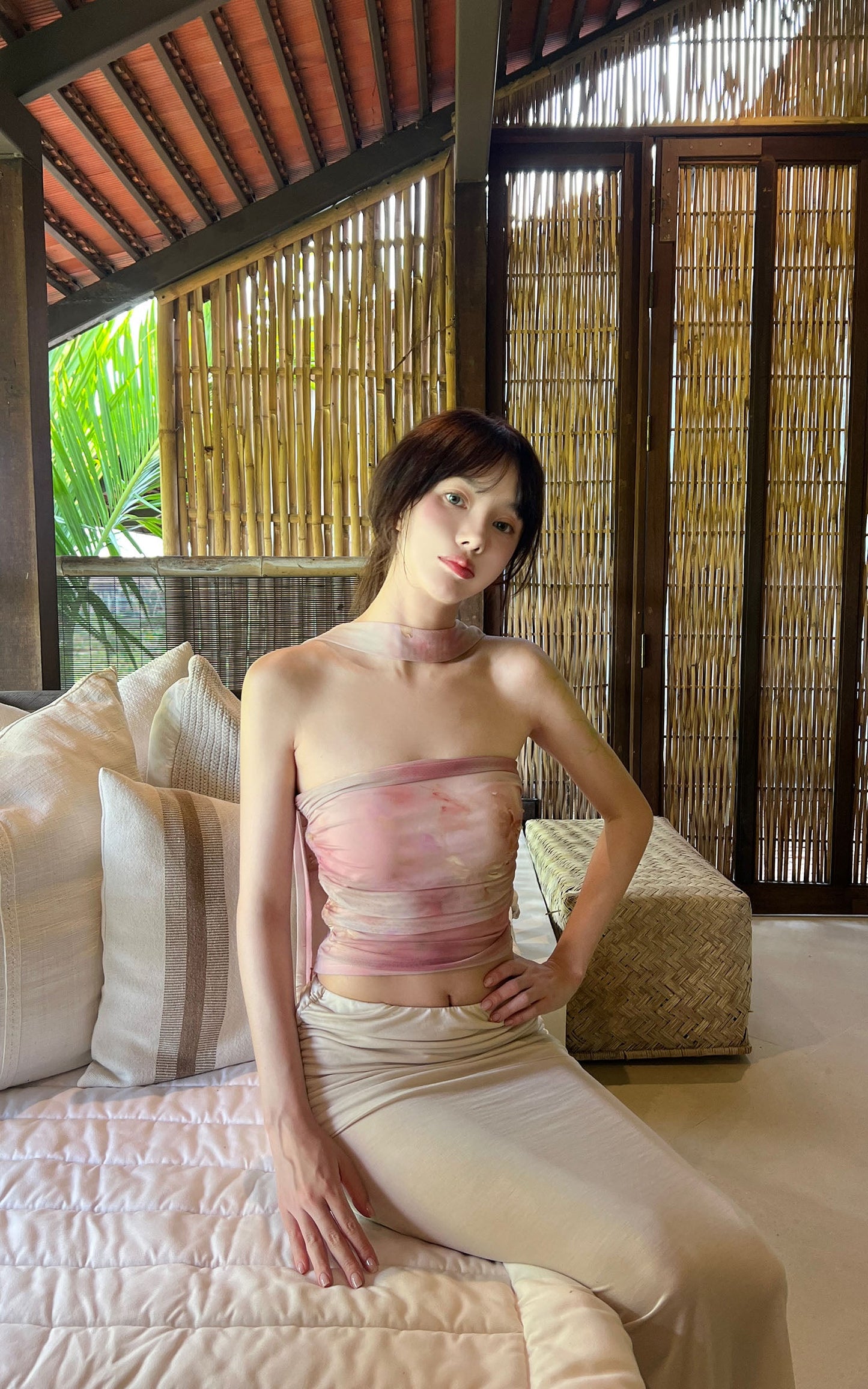 Watercolor Mesh Bandeau Top with Wrap Scarf