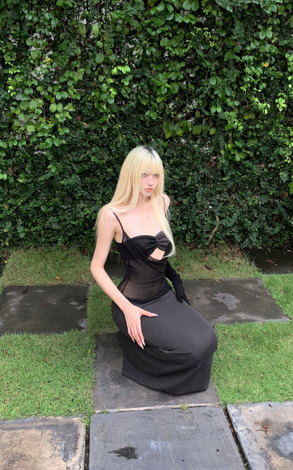 Sheer Panel Spliced Corset Maxi Dress
