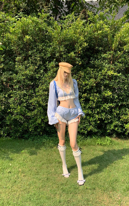 Lace Trim Lantern Sleeve Top & Shorts Set
