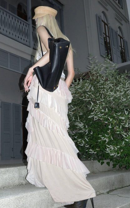 Layered Sheer Ruffle Panel Asymmetric Skirt