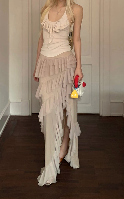 Layered Sheer Ruffle Panel Asymmetric Skirt