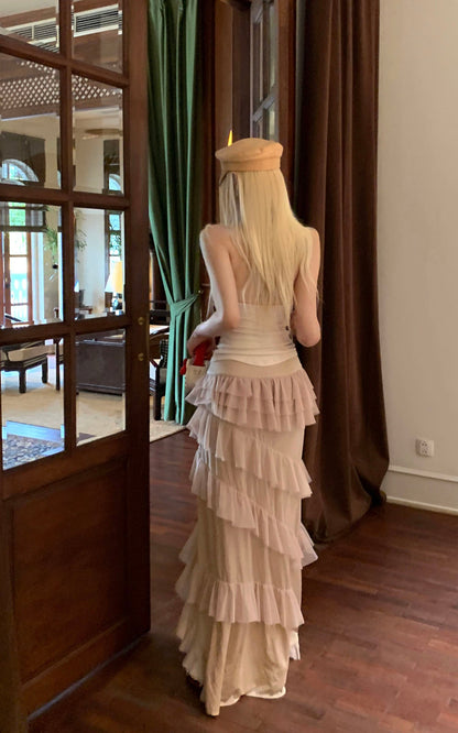Layered Sheer Ruffle Panel Asymmetric Skirt