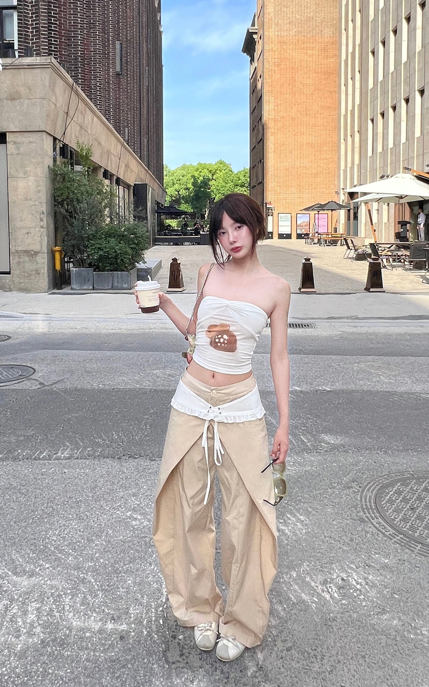 Statement Ruffle-Waist Wide-Leg Layered Pants