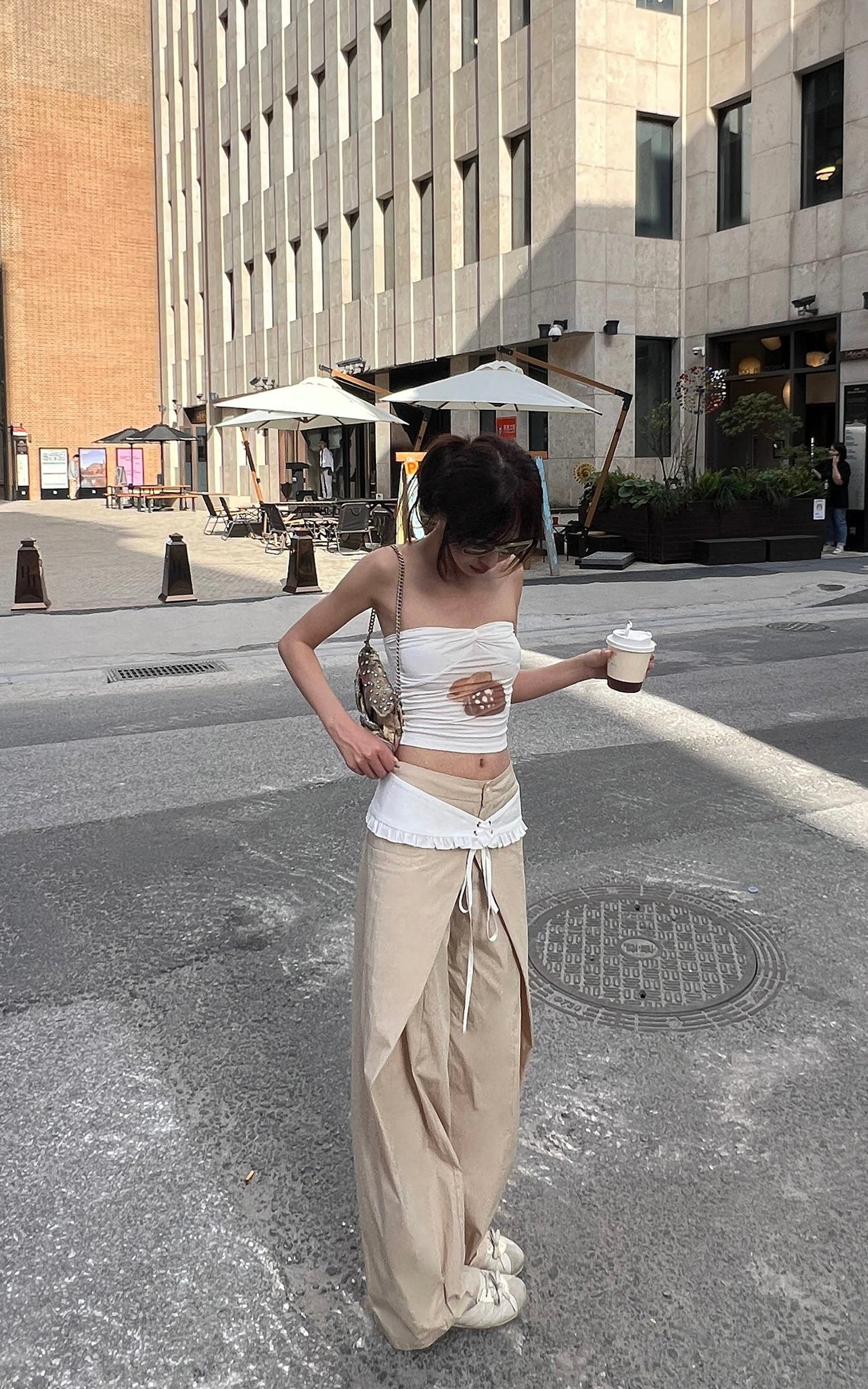 Statement Ruffle-Waist Wide-Leg Layered Pants