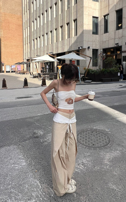 Statement Ruffle-Waist Wide-Leg Layered Pants