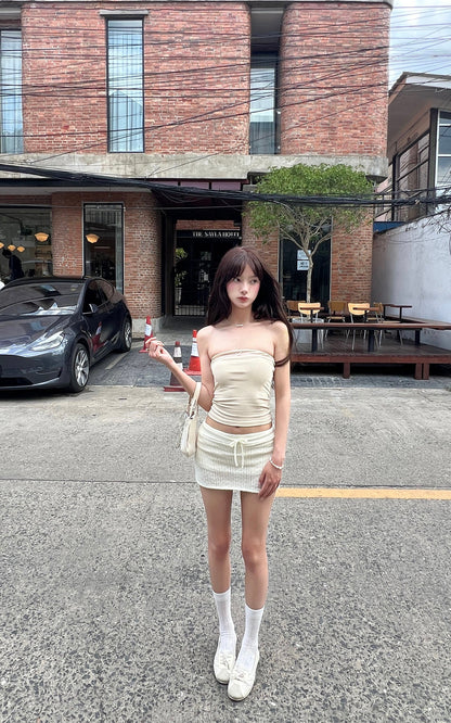 Knit Eyelet Mini Skirt with Drawstring Waist
