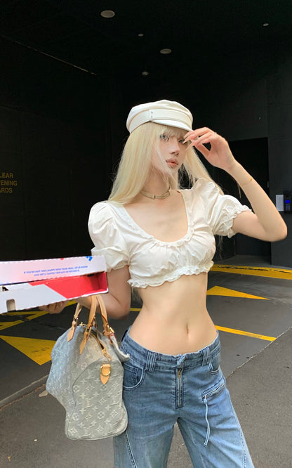 Lace-Trimmed Puff Sleeve Crop Top