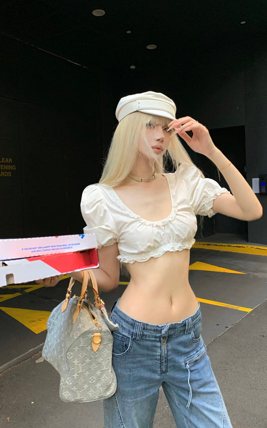 Lace-Trimmed Puff Sleeve Crop Top