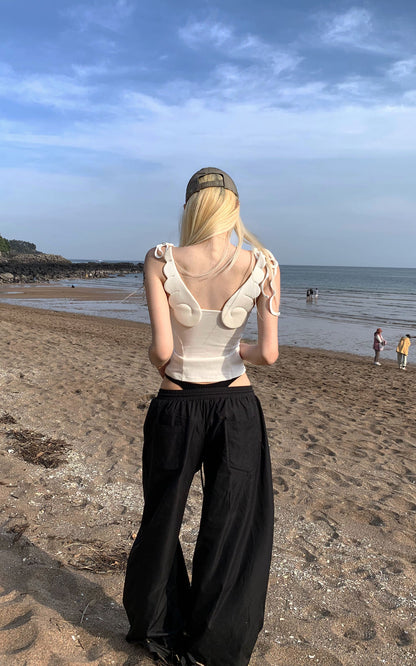 Cross-Stitched Winged Strap Bow Tank Top