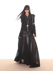 Zipper Knitted Leather Top/Mesh Leather Long Skirt