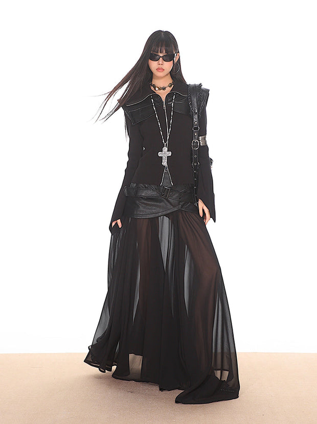 Zipper Knitted Leather Top/Mesh Leather Long Skirt