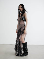 Asymmetric Smudge Print Sheer Chiffon Dress - My Store