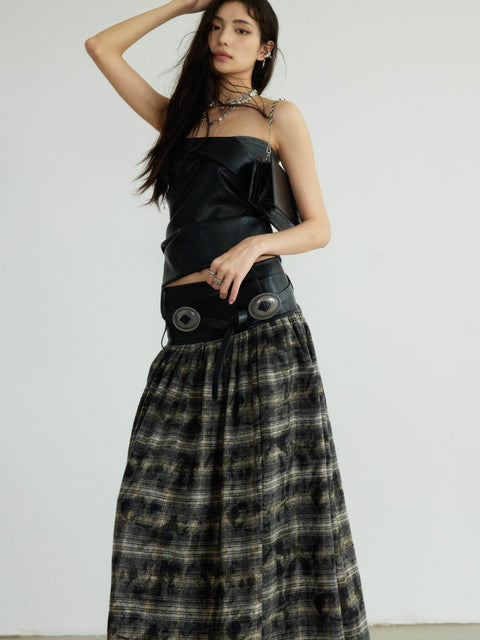 Plaid Long Skirt With Faux Leather Belted Waist - My Store