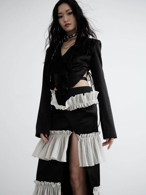 Textured Satin Ruffled Front Cropped Jacket - My Store