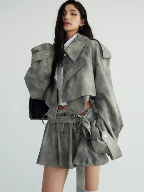 Cropped Dyed Jacket And Belted Mini Skirt Set - My Store