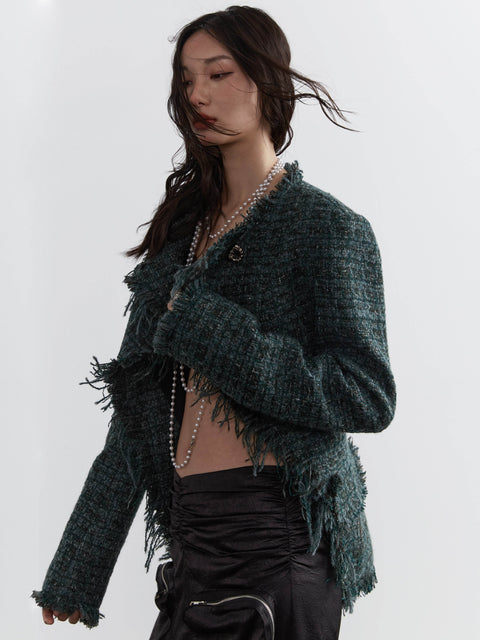 Tweed Fringed Edge Open Front Jacket - My Store