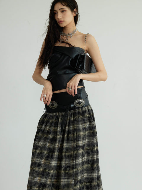 Plaid Long Skirt With Faux Leather Belted Waist - My Store